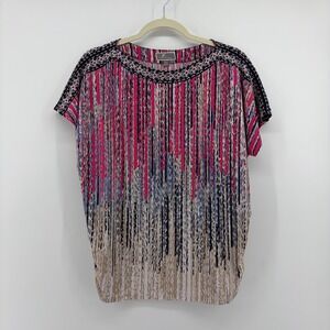 JM Collection Womens PXL Multicolor Blouse Abstract Stripe Rhinestone Petite Top